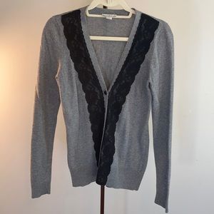 Ann Taylor Loft Black Lace Trimmed Grey Cardigan